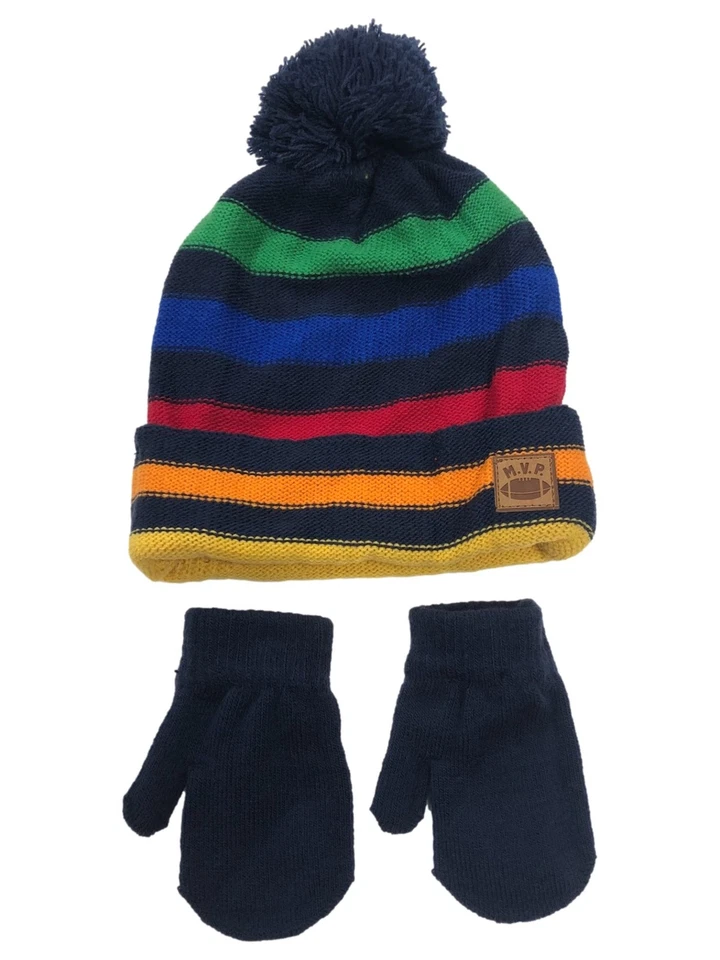 Toddler Boys Colorful Red Blue Green Striped Beanie Hat & Mittens Set 2T-5T - Image 1 of 1