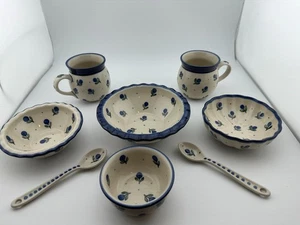 Polish Pottery Blueberry Pattern Set Bowls Mugs Spoons Scalloped Rims - Picture 1 of 18