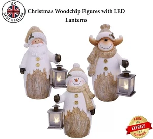 Weihnachten Hackschnitzel Weihnachtsmann Elch oder Schneemann Figuren mit LED Laternen 15 Zoll - Bild 1 von 11