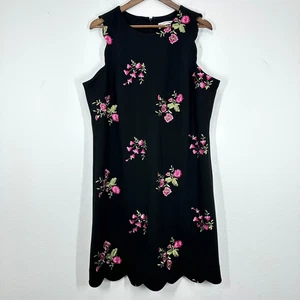 Abito nero scollo a barca Jones Studio taglia 16 rosa ricamato floreale orlo smerlato - Foto 1 di 12