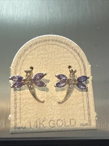 Orecchini a perno libellula bambini con zirconi viola in oro giallo massiccio 14 carati - Foto 1 di 6