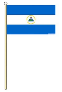 BANDERA Y POSTE DE CORTESÍA NICARAGUA 18"" x 12"" GRANDE ONDEANDO A MANO - Imagen 1 de 1