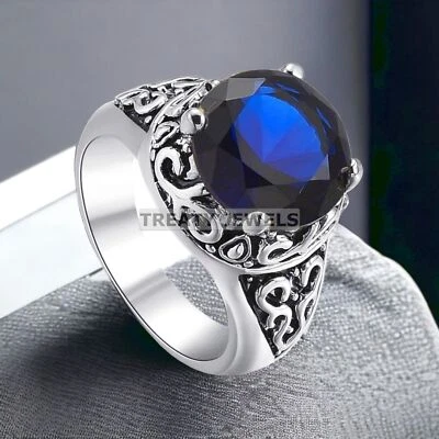 Piedras preciosas de corte redondo de zafiro azul con anillo de plata de ley 925 para hombre #395 Foto 1 de 4