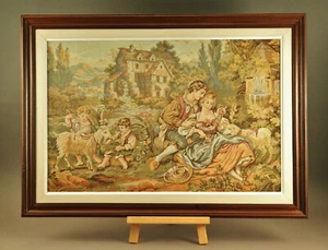 Framed Antique 19C Needlepoint Textile Tapestry - Country Landscape w Figures - Picture 1 of 12