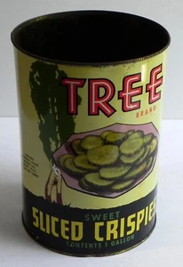TREE Brand Sweet Crispies 1 Gal Pickle Werbung Dose Blech Cheektowaga NY - Bild 1 von 7