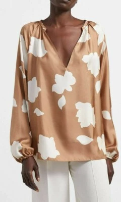 $355 NUEVO CON ETIQUETAS TEORÍA Talla S ABIERTO CUELLO EN V JUNTAR ESTAMPADO DE PÉTALOS JERSEY SEDA TOP BRILLANTE VINO Foto 1 de 4