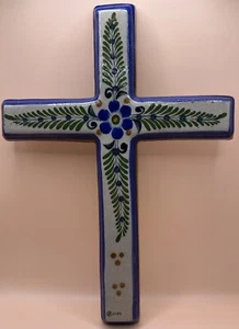 Mexikanisches Tonala hängendes Keramik Kreuz Kruzifix kobaltblau Blumen 12 Zoll signiert Z - Bild 1 von 3