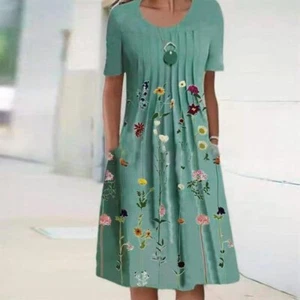 NWT Knee Length Pleated Flower Green Summer Midi Dress Size Small S Free Shippin - Picture 1 of 4