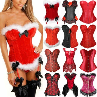 US Sexy Women Santa Xmas Outfit Dress Waist Training Lace Up Corset Top Bustier - Image 1 of 4