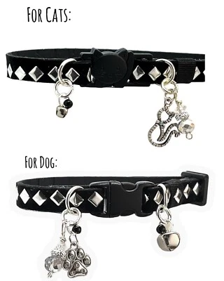 Collar ajustable negro y plateado para gatos perros | Tachonado | Charm Bell. Hecho a mano Foto 1 de 4