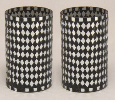 Vase Mosaic Cylinder Glass Black & Mirror Chips 3.25"Dia  5.5"High Set of 2 - Image 1 of 3