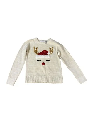 Childrens Place Girls Holiday Sweater Sequined Reindeer Ivory Sparkle Small 5/6 - Image 1 of 4