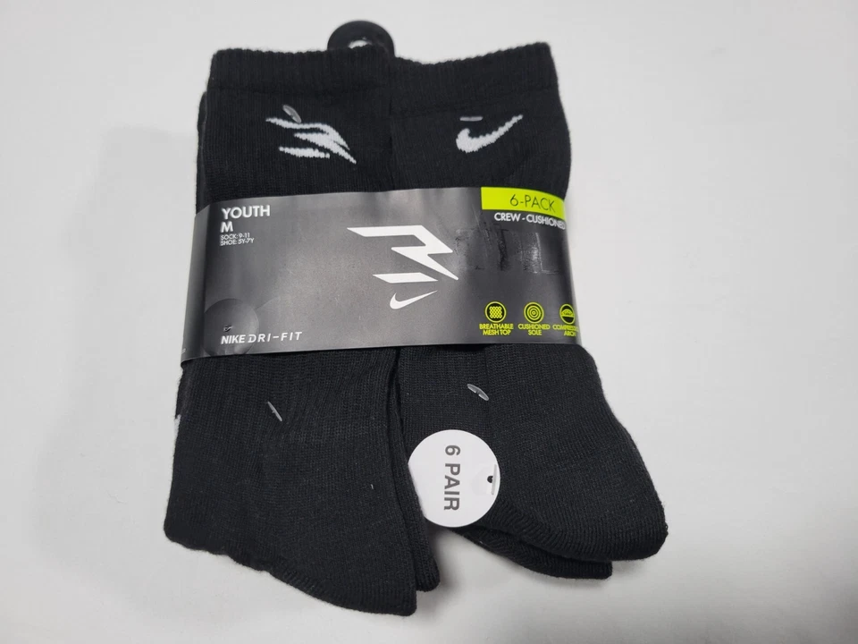 NIKE Brand Boys Socks Crew Cushioned Breathable Dri Fit 6 Pairs Shoe Size 5Y-7Y
