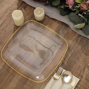 10 Square 10 in Disposable Salad Dinner Plastic PLATES Gold Trim Party Events - Picture 1 of 25