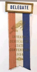 1954 Indiana Democratic Convention Delegate ~ Medal & Ribbon Pinback ~ EL-16 - Picture 1 of 9