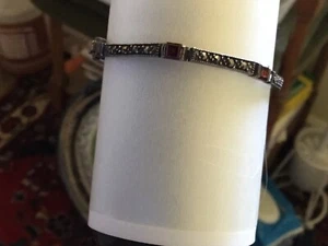 STERLING SILVER GARNET MARCASITE PANEL BRACELET - Picture 1 of 13