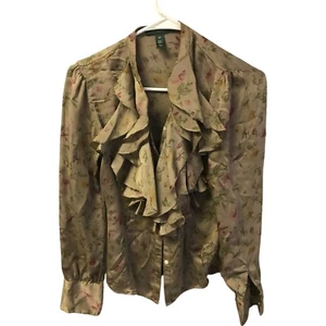 Lauren Ralph Lauren Women 2P Beige Brown Floral Ruffle Blouse Long Sleeve Silk - Picture 1 of 8