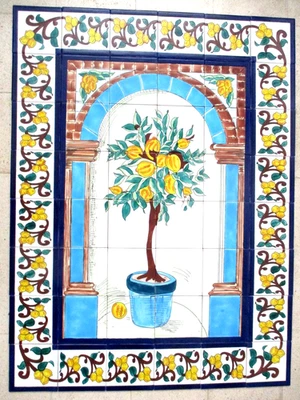 Panel de arte de azulejos de cerámica pintado a mano 36" x 48" mural ÁRBOL DE LIMÓN salpicadero Foto 1 de 4