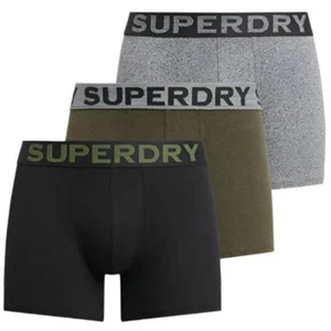 Superdry Mens Boxers 3 Pack Underwear Asphalt Grit/Winter Khaki/Black - Picture 1 of 7