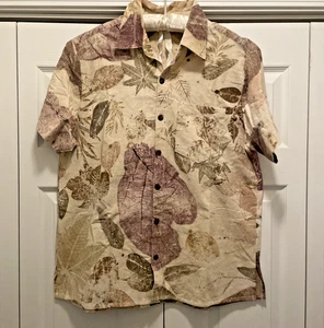 Men's Handmade Myanmar Cotton Shirt. Leaf Print. Coconut Wood Buttons Side Vents - Picture 1 of 4