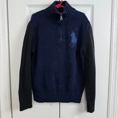 Polo Ralph Lauren Kids M 10-12 Navy Blue Quarter Zip Bog Pony Sweater Preppy - Image 1 of 4