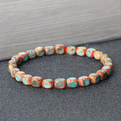 Natural Stone Beaded Bracelet Women Brown Square Emperor Stone Stretch Jewelry - Image 1 of 4