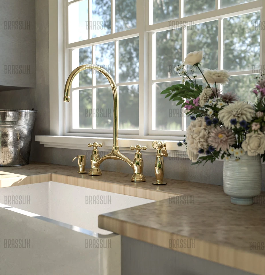 Unlacquered Victorian Brass Bridge Faucet, Vanity Kitchen Sink Brass Faucet - Image 1 of 4