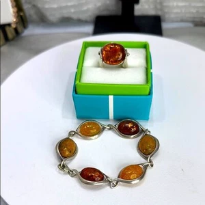 (Z4) Vintage genuine Baltic amber Set bracelet and ring in 925 sterling silver - Picture 1 of 12