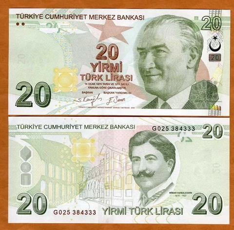 Turkey, 20 Lira 2009 (2020), P-224e G-Prefix New Sig. UNC Architect Cover