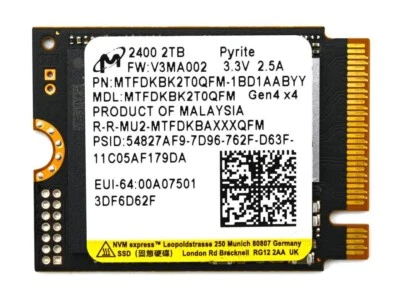 Micron 2400 2TB MTFDKBK2T0QFM-1BD1AABYYR M.2 2230 NVMe PCIe 4.0x4 Internal SSD - Image 1 of 3