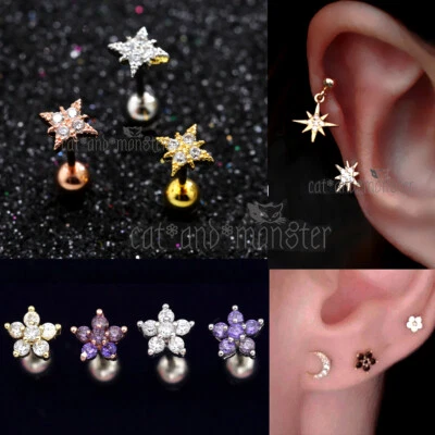Gem Diamonds Ring Bar Ear Climber Cartilage Helix Tragus Piercing Stud Earrings Foto 1 de 2