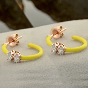 Lab Grown CVD Marquise Diamond Yellow Enamel Half Hoop Earrings 14k Rose Gold - Picture 1 of 7