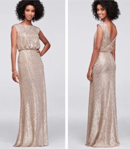 David’s Bridal langes Pailletten Etui Blouson Maxikleid Kleid Flügelärmel gold XS - Bild 1 von 16