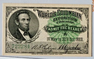 1893 COLUMBIAN EXPO. ADMISSION LINCOLN TICKET CRISP UNC - Picture 1 of 2
