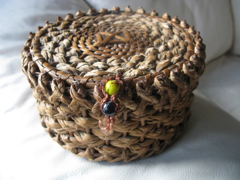 Antique Handmade Primitive Red Silk Lined Pin Cushion Lidded Sewing Basket Cover