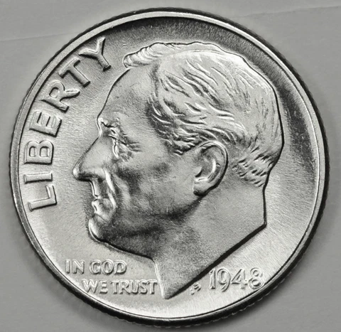 1948-p Roosevelt Dime. Fully Separated Horizontal Torch Lines. Nice BU. (Inv.) Cover