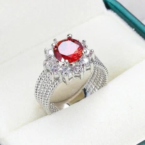 Red CZ Round Cut Flower Band AAA Cz Engagement Women's 925 Silver Ring Size 6-10 - Picture 1 of 10