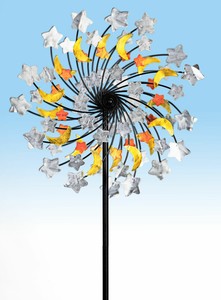 Doppel Windrad Ø 33 cm - Mond und Sterne - Garten Windspiel Wind Mühle Deko