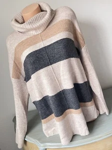 Versona Sweater Cowl Neck Brown Women's Top Soft XL Brown Ecru Stripe Beautiful - Picture 1 of 10