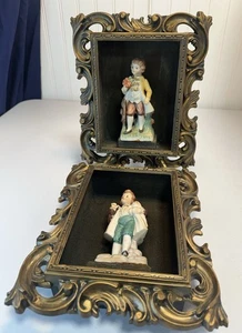 (2) Two 1950’s Norleans Gold Shadow Box Frames Porcelain Figurines Wall Decor - Picture 1 of 10