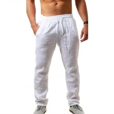 Pantalones sueltos de playa de verano de algodón y lino para hombre pantalones elásticos con cordón de yoga Foto 1 de 4