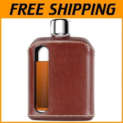 Elegant Glass Whiskey Flask with Leather Cover, Dark Brown - Image 1 of 4