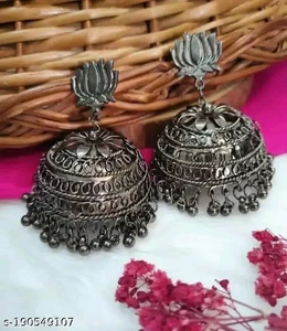 Lotus Antique Black Oxidized Earring Girl Wear Ethnic Statement Earring Jewelry - Picture 1 of 2