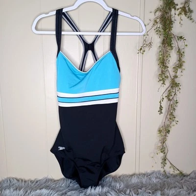 Traje de baño Speedo de una pieza negro con rayas azules y blancas talla 10 Foto 1 de 4