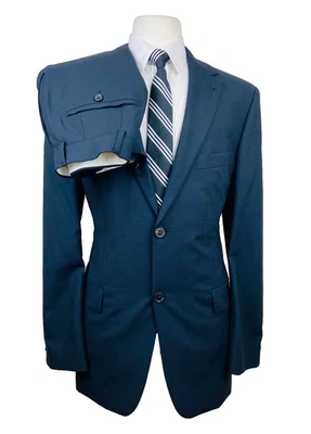 HUGO BOSS Mens 40L Navy Plaid USA Soft Wool 2 Piece Suit With Dress Pants 30x33 - Image 1 of 4