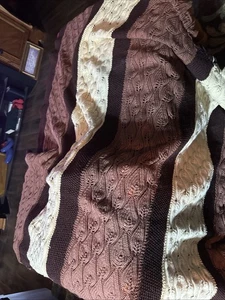 Afghan VTG Handmade Crochet Knit Striped Throw Multicolor 60x60 “ Brown Cream - Picture 1 of 6