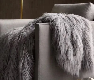 Restoration Hardware Faux Fur Tibetan Throws Blanket Nickel  50"x60" Gray - Picture 1 of 5