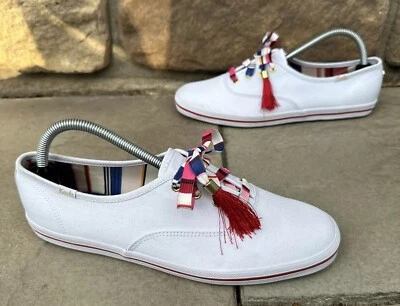 Keds X Kate Spade Women’s 9.5 White Sneakers Multi Color Striped Laces Tassels - Image 1 of 4