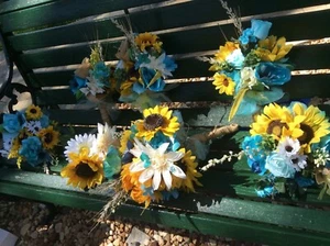 Wedding flowers bridal bouquets decorations sunflowers teal turquoise 7 bouquet  - Picture 1 of 10