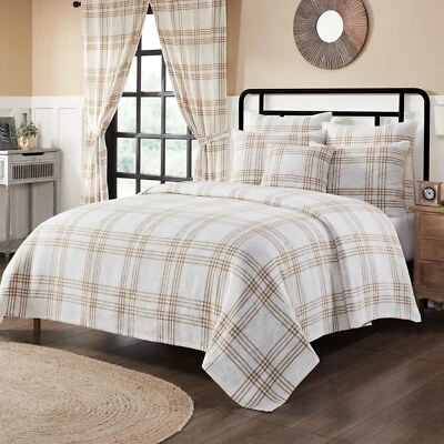Wheat Plaid Twin Woven Coverlet Country Cottage Farmhouse Tan Soft White 70x90 - Image 1 of 4